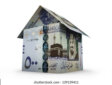 3D Saudi Money Shaped As House Origami Isolated On White Background