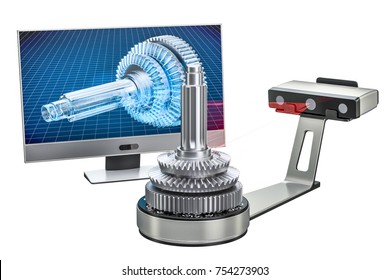 3d scanner scanning of object with computer monitor, 3D rendering isolated on white background
