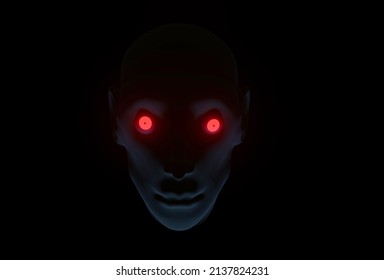 3D Scary Face Of Man With Red Eyes. Halloween Poster With Black Face And Red Eyes On Black Background. 