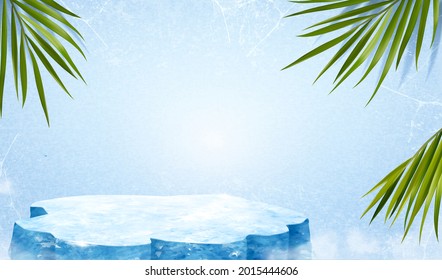 3d scene design with ice stage and palm leaf. Blank background suitable for displaying ice cream or other summer products.