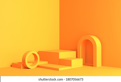 3d Scene With Podiums For Product Demonstration In Art Deco Style, Corner View In Yellow Colors, 3d Render