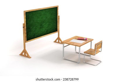 3d School Desk And Chair On White Background