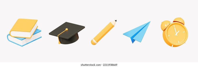 3D School and education set icon. Stationery for study and work. Book, graduation hat, pencil, paper airplane and alarm clock. Cartoon creative design icon isolated on white background. 3D Rendering - Powered by Shutterstock