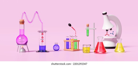 3d Science Experiment Kit With Alcohol Lamp, Beaker, Test Tube, Microscope Isolated On Pink Background. Classroom Online Innovative Education Concept, 3d Render Illustration