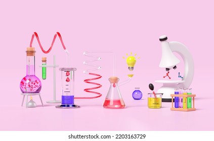 3d Science Experiment Kit With Alcohol Lamp, Beaker, Test Tube, Microscope, Light Bulb Isolated On Pink Background. Classroom Online Innovative Education, Idea Tip  Concept, 3d Render Illustration