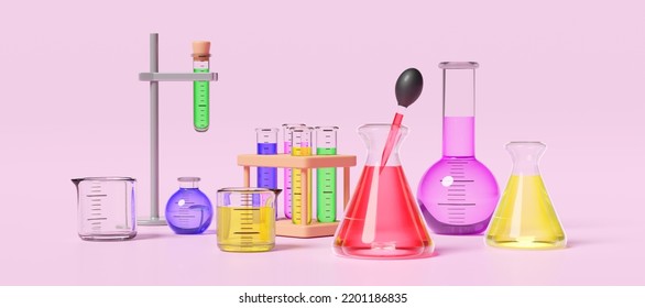 3d Science Experiment Kit With Beaker, Test Tube Isolated On Pink Background. Room Online Innovative Education Concept, 3d Render Illustration