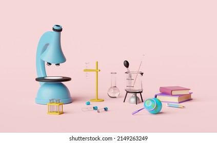 3d Science Experiment Kit With Microscope, Globe, Magnifying, Beaker, Test Tube Isolated On Pink Background. Room Online Innovative Education, E-learning Concept, 3d Render Illustration