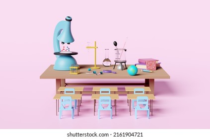 3d Science Experiment Kit With Microscope, Globe, Magnifying, Beaker, Test Tube, Student Desk, Chair Isolated On Pink Background. Room Innovative Education, E-learning Concept, 3d Render Illustration