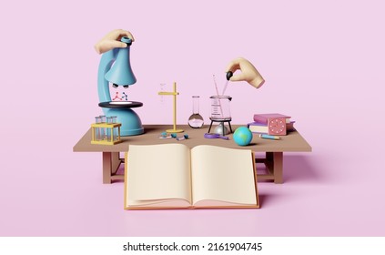 3d Science Experiment Kit With Microscope, Globe, Magnifying, Beaker, Test Tube, Desk, Open Book Isolated On Pink Background. Room Innovative Education, E-learning Concept, 3d Render Illustration