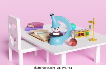 3d science experiment kit with microscope, globe, magnifying, beaker, test tube, student desk, chair isolated on pink background. room innovative education, e-learning concept, 3d render illustration - Powered by Shutterstock