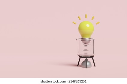 3d Science Experiment Kit With Yellow Light Bulb, Beaker, Alcohol Lamp Isolated On Pink Background. Idea Tip Education, Knowledge Creates Ideas, Elearning Concept, 3d Render Illustration