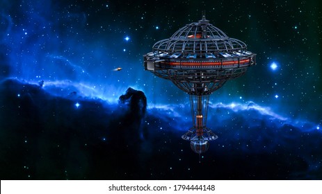 3D Science Fiction Illustration. Space Orbit Station And Spaceship Shuttle In Space. Stars And Planets In The Background. Military Base. Futuristic Alien Spaceship Traveling In The Universe. Home