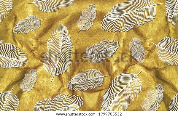 3d seamless illustration, large abstract white feathers on a gold textured background