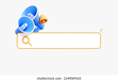3D Search bar and Megaphone. Searching for a new job on the internet. Online work concept. Find opportunity and seek for vacancy. Cartoon design illustration isolated on white background. 3D Rendering