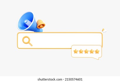 3D Search Bar With Searching New Work Or Employee. Find Opportunity And Seek For Vacancy. High Rated Worker. Online Work Concept. Cartoon Design Illustration Isolated On White Background. 3D Rendering