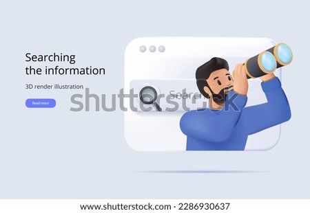 3D search browser. Character looking through binoculars. Business metaphore for search or research, development, web surfing 3D render. Characters for web or ui design. Search character concept