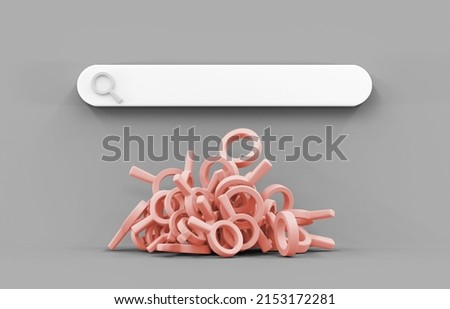 3D Search engine bar with pile magnifying glass icons on purple background. Concept of finding information on internet, many search requests, clicks, users. Access to resources, obsessively searching