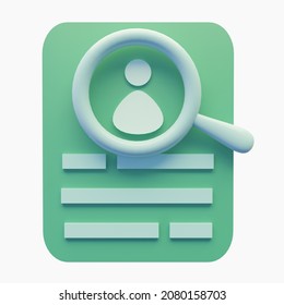 3d Search Personal Profile Icon.  Render Illustration Of Green User Document And Magnifying Glass On The White Background. Hiring Employee, Browsing Data Concept.