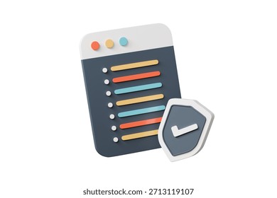 3d secure website window with check shield icon. cyber security protection concept. minimal browser dashboard ui asset for web banner hero. isolated on white background. 3d render.