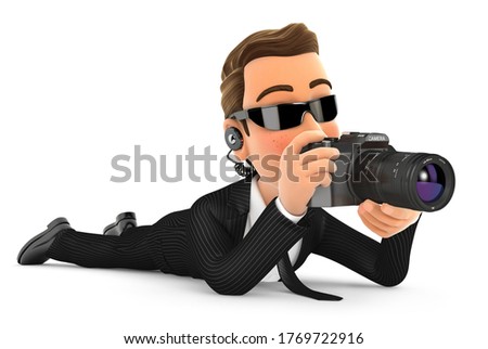 3d security agent lying down with camera, illustration with isolated white background