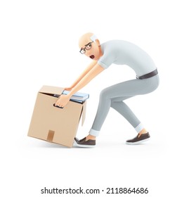 3d Senior Man Lifting Heavy Box, Illustration Isolated On White Background