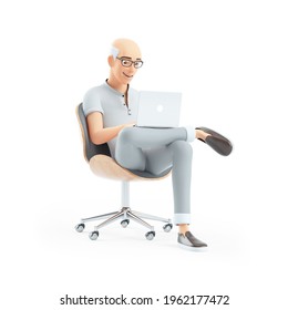 3d senior man sitting in chair with laptop, illustration isolated on white background - Powered by Shutterstock