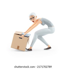 3d Senior Woman Lifting Heavy Box, Illustration Isolated On White Background