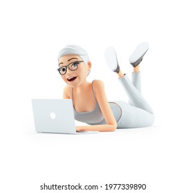 3d Senior Woman Working On Laptop And Lying Down On Floor, Illustration Isolated On White Background