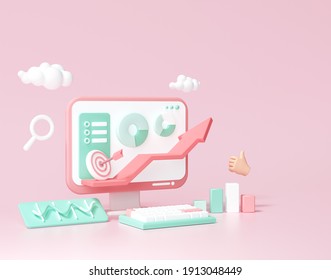 3D SEO Optimization, web analytics and seo marketing social media concept. 3d render illustration