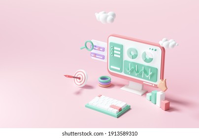 3D SEO Optimization, web analytics and seo marketing concept. 3d render illustration