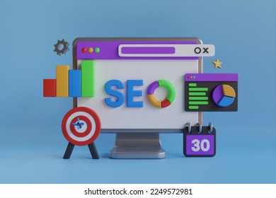3D SEO Optimization, web analytics and seo marketing.  seo interface for website strategy and research planing in 3d laptop computer. Strategy and Planing website. 3D rendering
