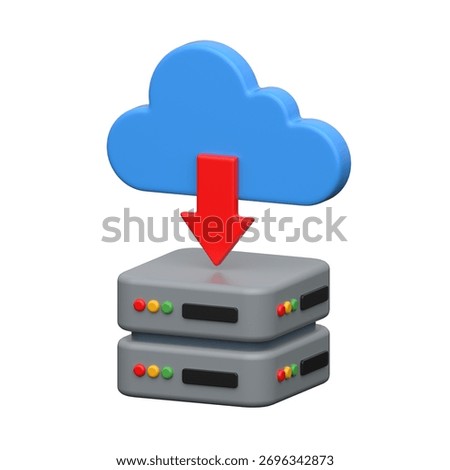 3D server with cloud and arrow representing online file download and data transfer