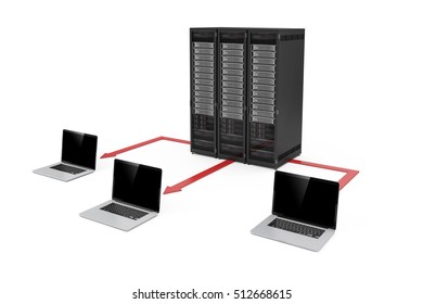 3d server data center and laptop network on white background