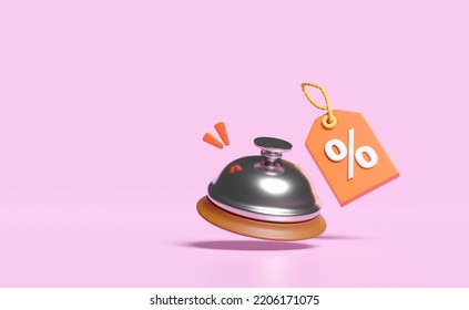 3d Service Bell Icon With Discount Sales Isolated On Pink Background. Price Tags Coupon, Marketing Promotion Bonuses Concept, 3d Render Illustration, Clipping Path