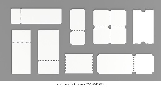 3D Set Of Blank Tickets, Discount Vouchers Or Gift Coupons With Ruffle Edges. Realistic Mockup Empty White Tickets To Movie Theater, Concert, Circus Or Festival, Isolated On Grey Background, 3D Render