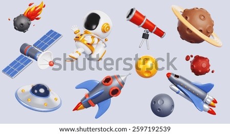 3d set of cartoon space objects. Astronaut, rocket, planets, alien ufo spaceship, telescope, meteorite with fire isolated render icon. Cute spaceman, flying saucer and rock asteroids. 3D Illustration