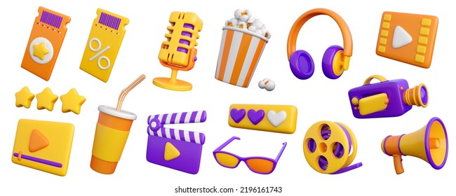 3d set of cinema, movie, theatre, video and audio icons. Trendy glossy plastic design elements. High quality isolated render