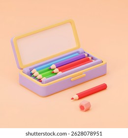 3D a set of colorful pencils in a box, with one pencil placed outside the box.