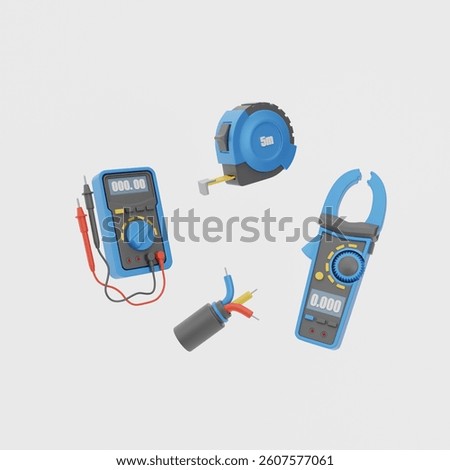 3D set of electrical equipment and tools icons. Digital multimeter, current clamp, tape measure, electric cable. 3D rendering.