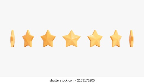 3D Set Gold Or Yellow Star Icon. Customer Rating Feedback Concept. Game Element. All Rotation View. For Animation And Video Effect. Isolated Icon On White Background. Realistic Star. 3D Rendering