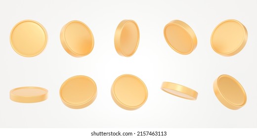 3D Set Of Golden Coin On Isolated White Background Use For Banner. Spinning Gold Coins In Different Shape. Market Investment Trading, Financial, Index, Forex, 3d Rendering.