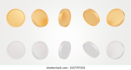 3D Set Of Golden And Silver Coin On Isolated White Background Use For Banner. Spinning Gold Coins In Different Shape. Market Investment Trading, Financial, Index, Forex, 3d Rendering.