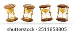 3d set of hourglass, wooden glass sand clock, time render icon. Vintage watch countdown hours for wait or loading history. Isolated design elements for business, social media or game. 3D Illustration