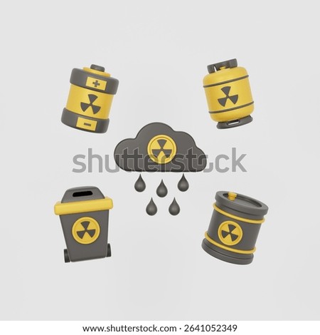 3d set of icons of objects of nuclear energy and radioactive substances. Nuclear battery, cylinder, urn, barrel, radioactive rain.