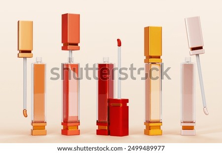 3d set of lip gloss, liquid lipstick tube mockup render in different angles. Lipgloss in gold, orange, red and nude clear packaging, open and closed cosmetic makeup beauty product. 3D Illustration