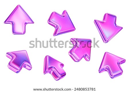 3d set of neon click cursor icon. Mouse arrows pointing in different directions. 3d rendering illustration on isolated background