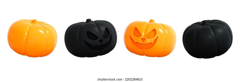 3D Set of Pumpkins. Happy Halloween decoration element for banner and poster. Jack o Lantern. Scary pumpkin head with smile. Cartoon creative design icon isolated on white background. 3D Rendering - Powered by Shutterstock