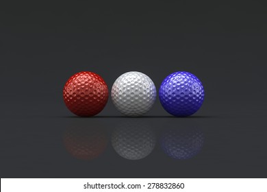 A 3D Set Of A Red, White And Blue Golf Ball Set.
