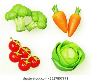 3d set of vegetables isolated render icon. Realistic tomato cherry on branch, broccoli, carrot and cabbage. Organic healthy food. Fresh produce from farmers market or supermarket. 3D Illustration - Powered by Shutterstock