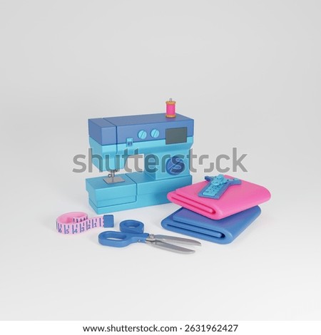 3D Sewing Tool Kit. Electric Sewing Machine with Thread Spool, Scissors, Fabric, Clothes Zipper, Measuring Tape. Fashion Tool. 3D Rendering.